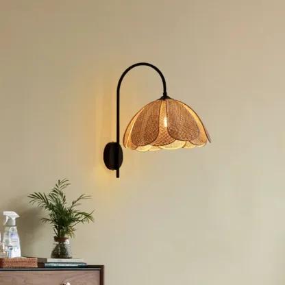 Indoor Modern Wood Rattan Gooseneck Wall Sconce Lamp  Image - 4