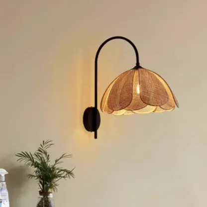 Indoor Modern Wood Rattan Gooseneck Wall Sconce Lamp  Image - 2