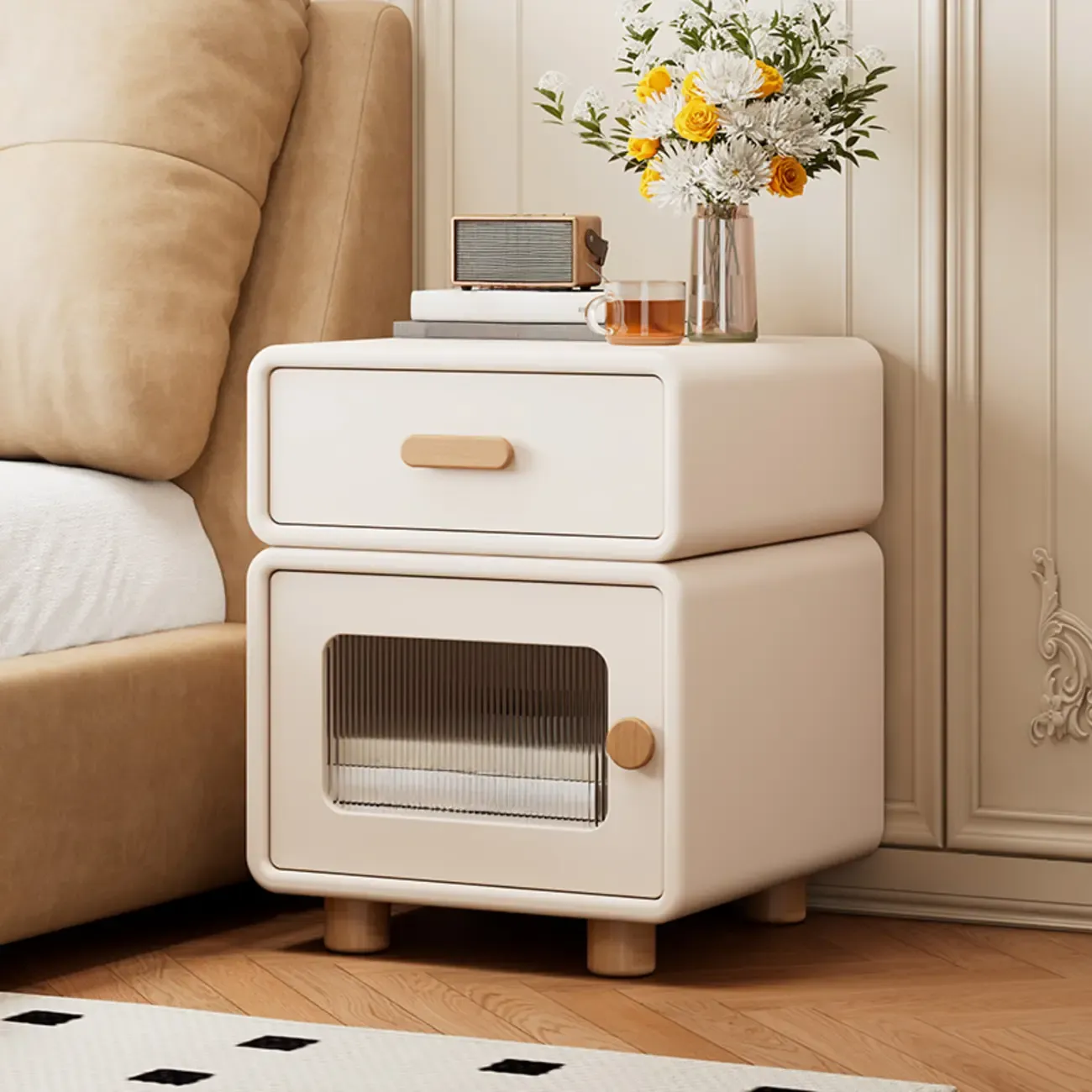 Durable Sleek Edge Wood Cream Bedside Cabinet Nightstand Image - 3