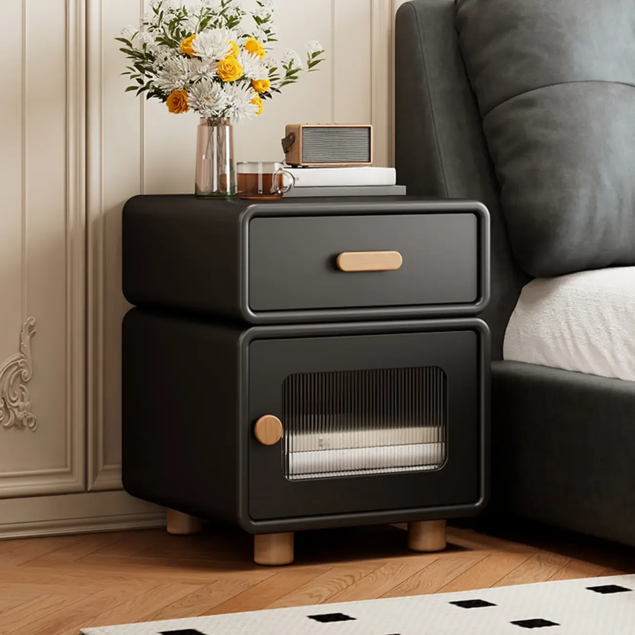 Durable Sleek Edge Wood Cream Bedside Cabinet Nightstand Image - 4