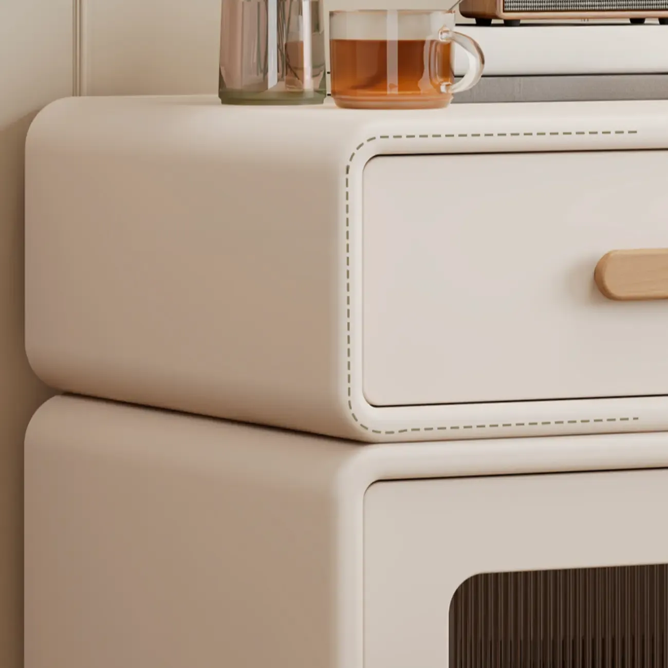 Durable Sleek Edge Wood Cream Bedside Cabinet Nightstand Image - 8