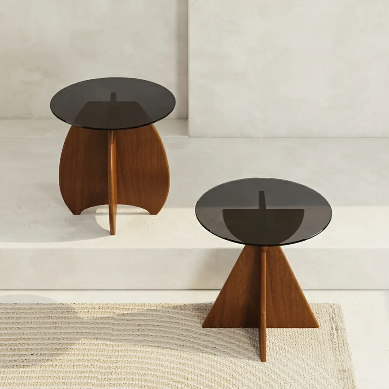 Brown Round Glass Top Wood Geometric X-Base End Table Image - 4 | homeyfad
