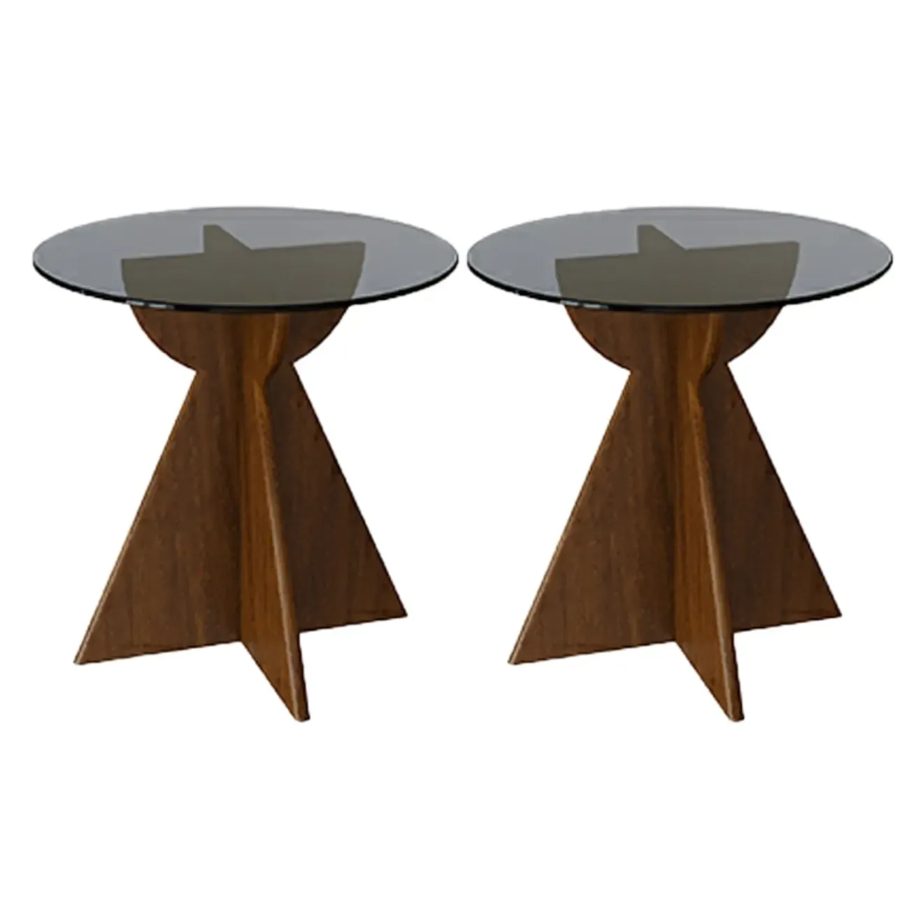 Brown Round Glass Top Wood Geometric X-Base End Table Image - 5