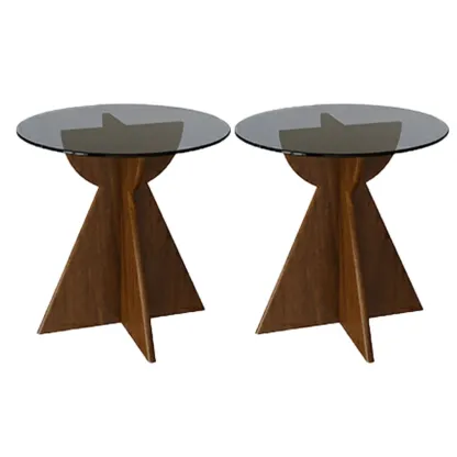 Brown Round Glass Top Wood Geometric X-Base End Table Image - 5