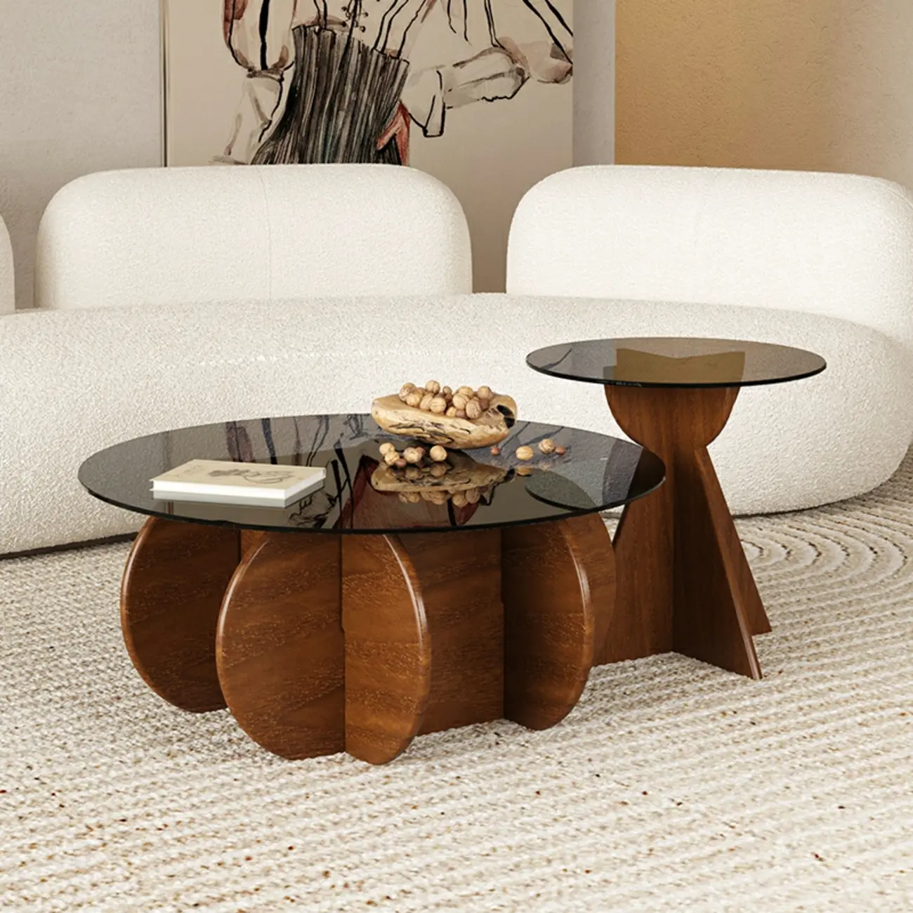 Brown Round Glass Top Wood Geometric X-Base End Table Image - 6 | homeyfad