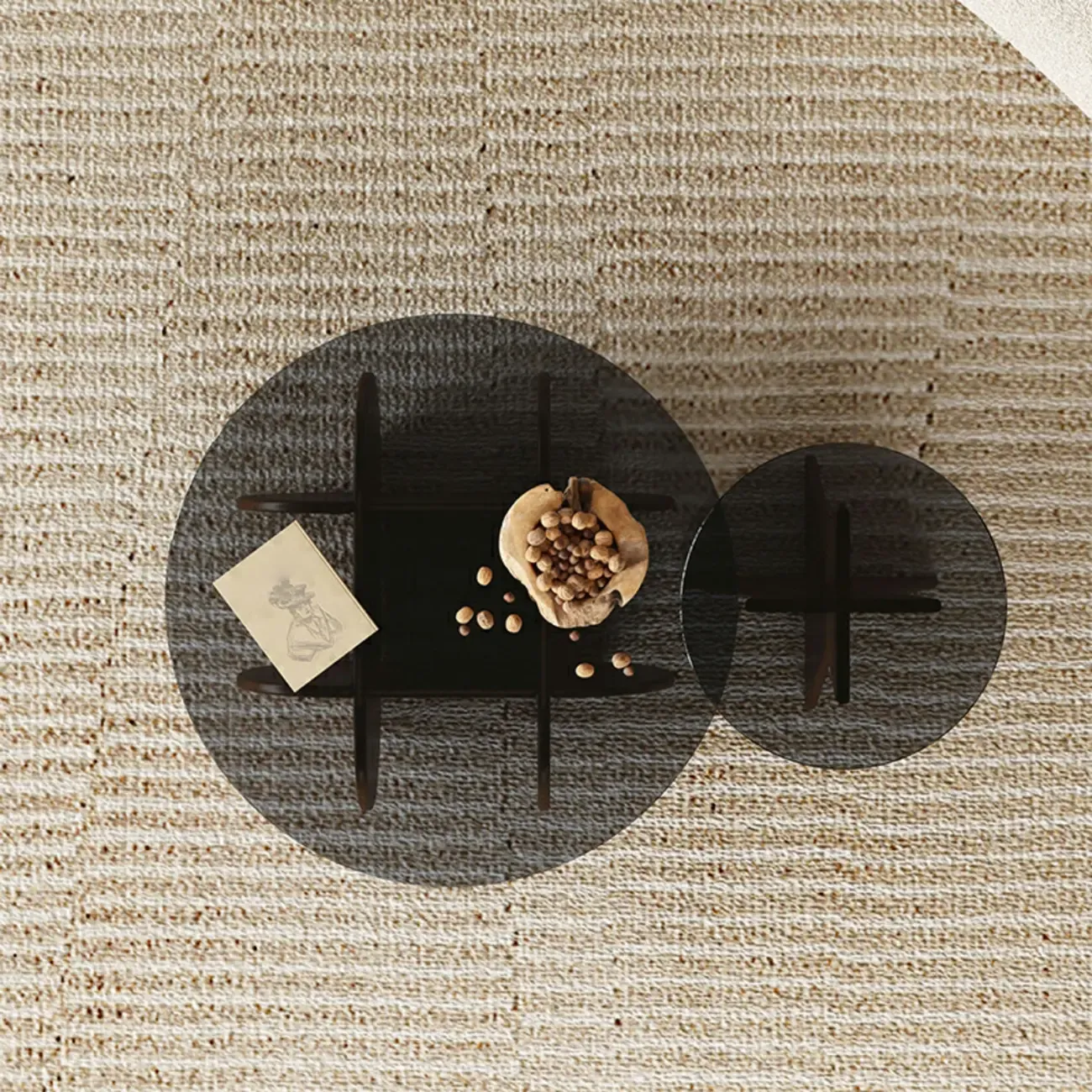 Brown Round Glass Top Wood Geometric X-Base End Table Image - 8