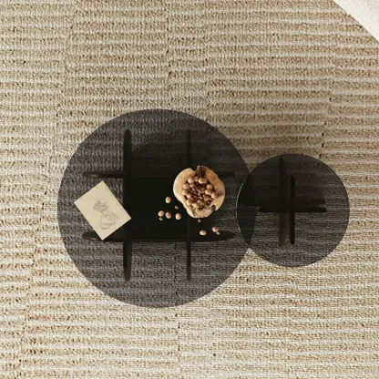 Brown Round Glass Top Wood Geometric X-Base End Table Image - 8