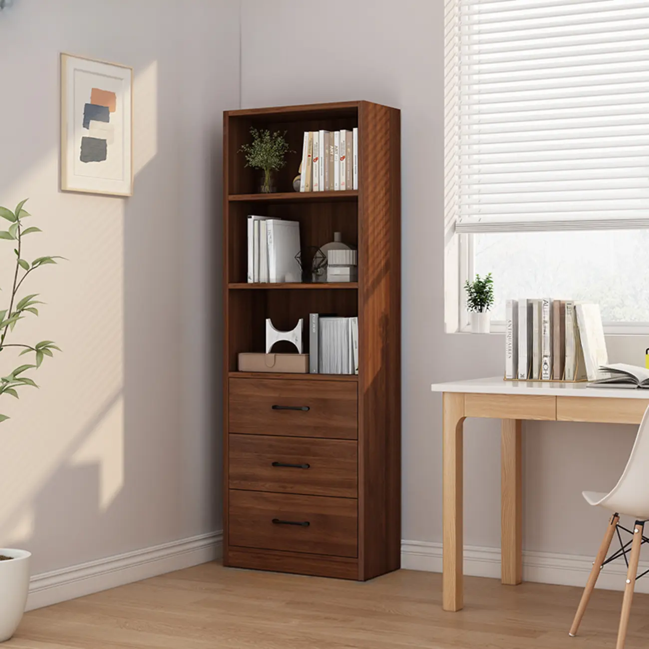 Classic Brown Wooden Vertical 3 Drawers Storage Bookcase Image - 1 | homeyfad