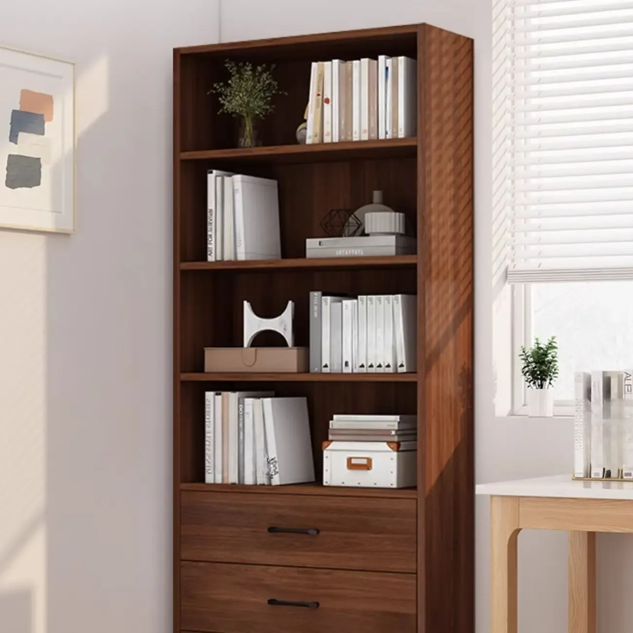 Classic Brown Wooden Vertical 3 Drawers Storage Bookcase Image - 2