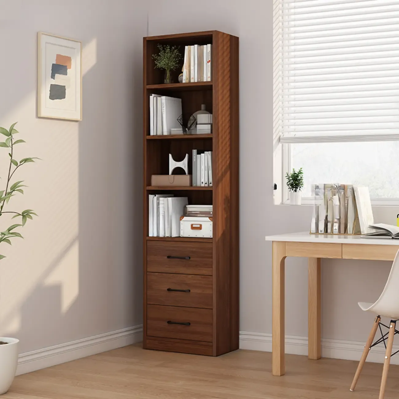 Classic Brown Wooden Vertical 3 Drawers Storage Bookcase Image - 4
