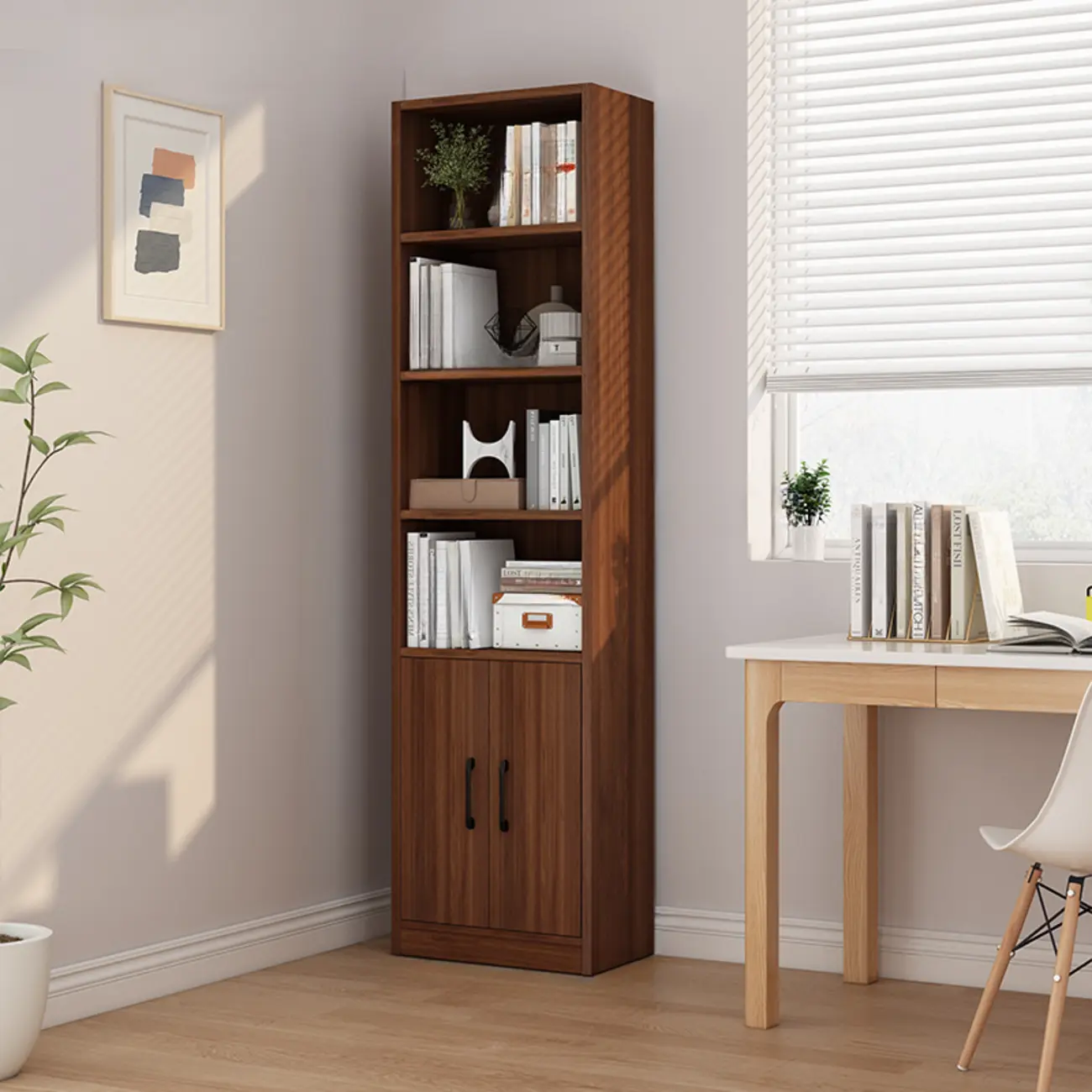 Classic Brown Wooden Vertical 3 Drawers Storage Bookcase Image - 6 | homeyfad