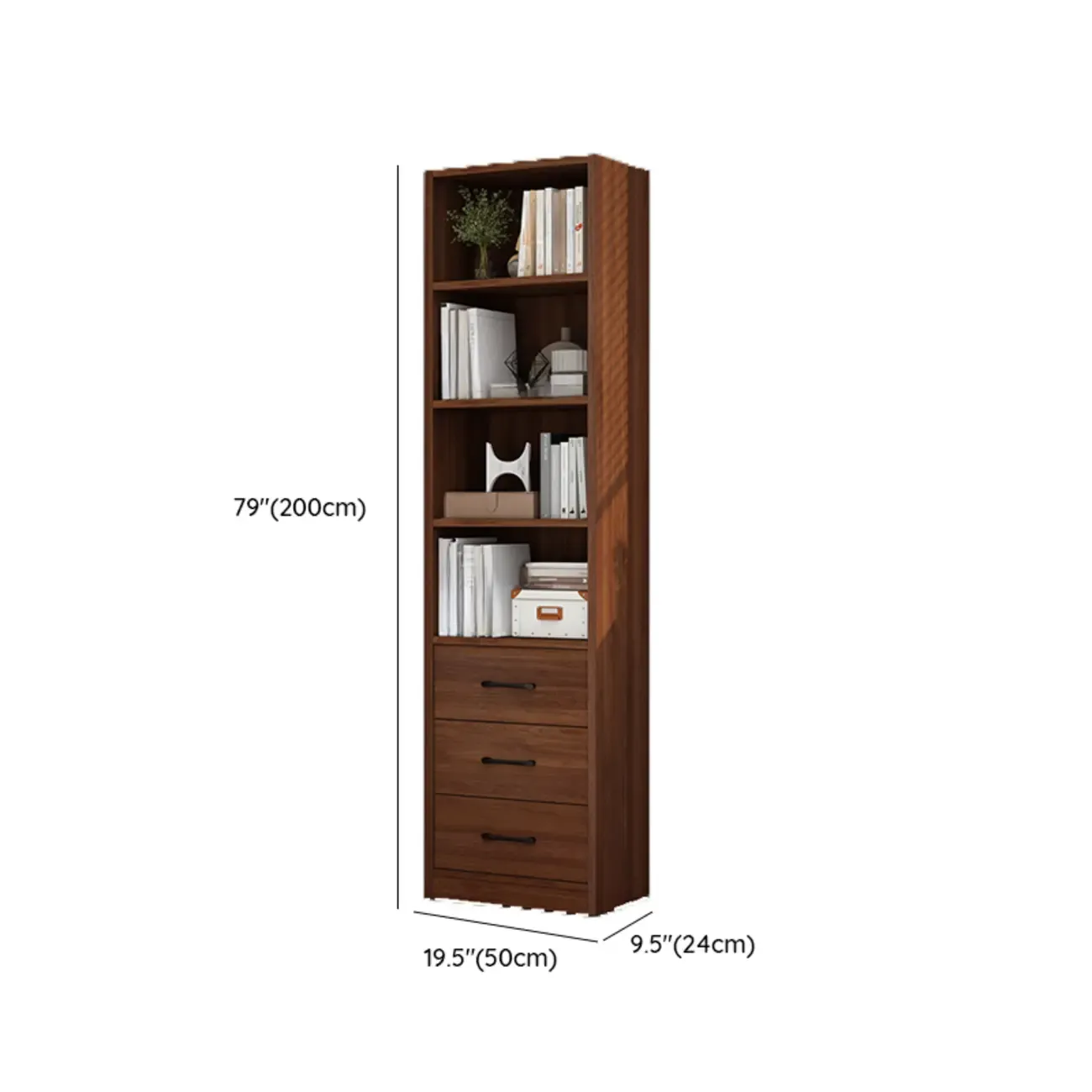 Classic Brown Wooden Vertical 3 Drawers Storage Bookcase Image - 11