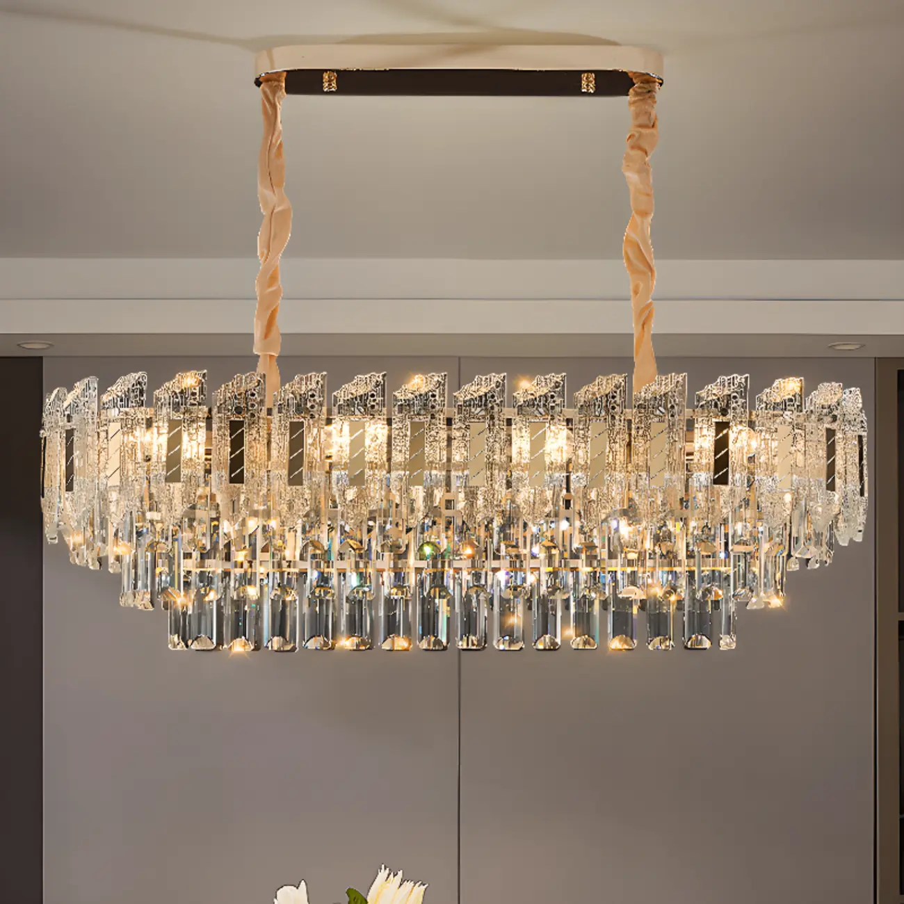 Luxurious 2 Tiers Oval Crystal Geometric Modern Chandelier Image - 8 | homeyfad
