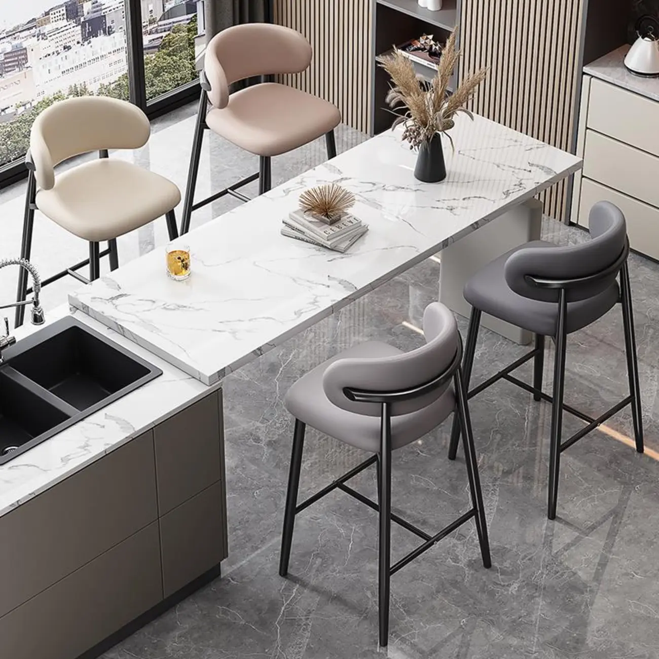 Modern Upholstered Seat Steel Frame Bar Stools with Back Image - 3 | homeyfad