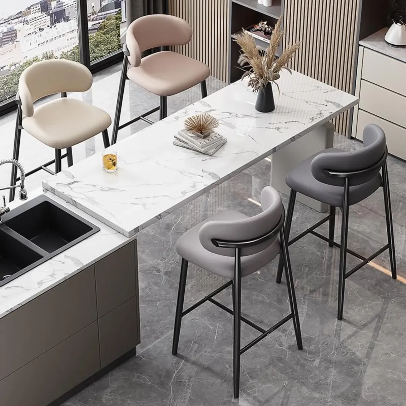 Modern Upholstered Seat Steel Frame Bar Stools with Back Image - 3