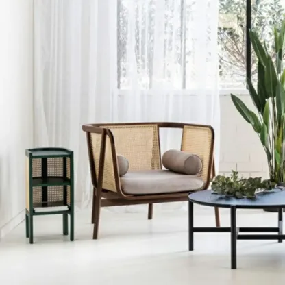 Small Natural Wood Rattan Panels End Table with Storage Image - 10