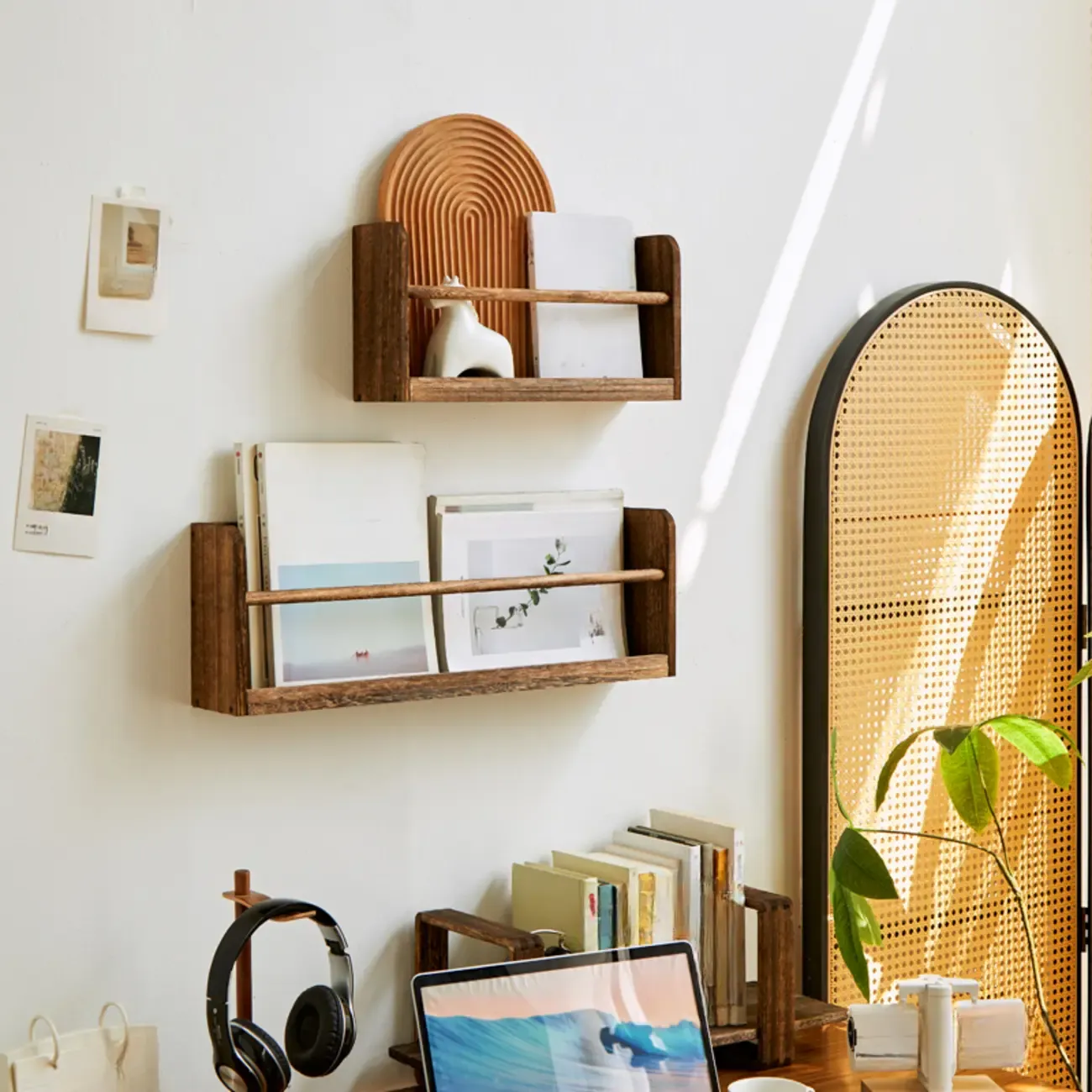 Modern Wooden Wall-Mounted Open Bookcase Small Bookshelf Image - 3