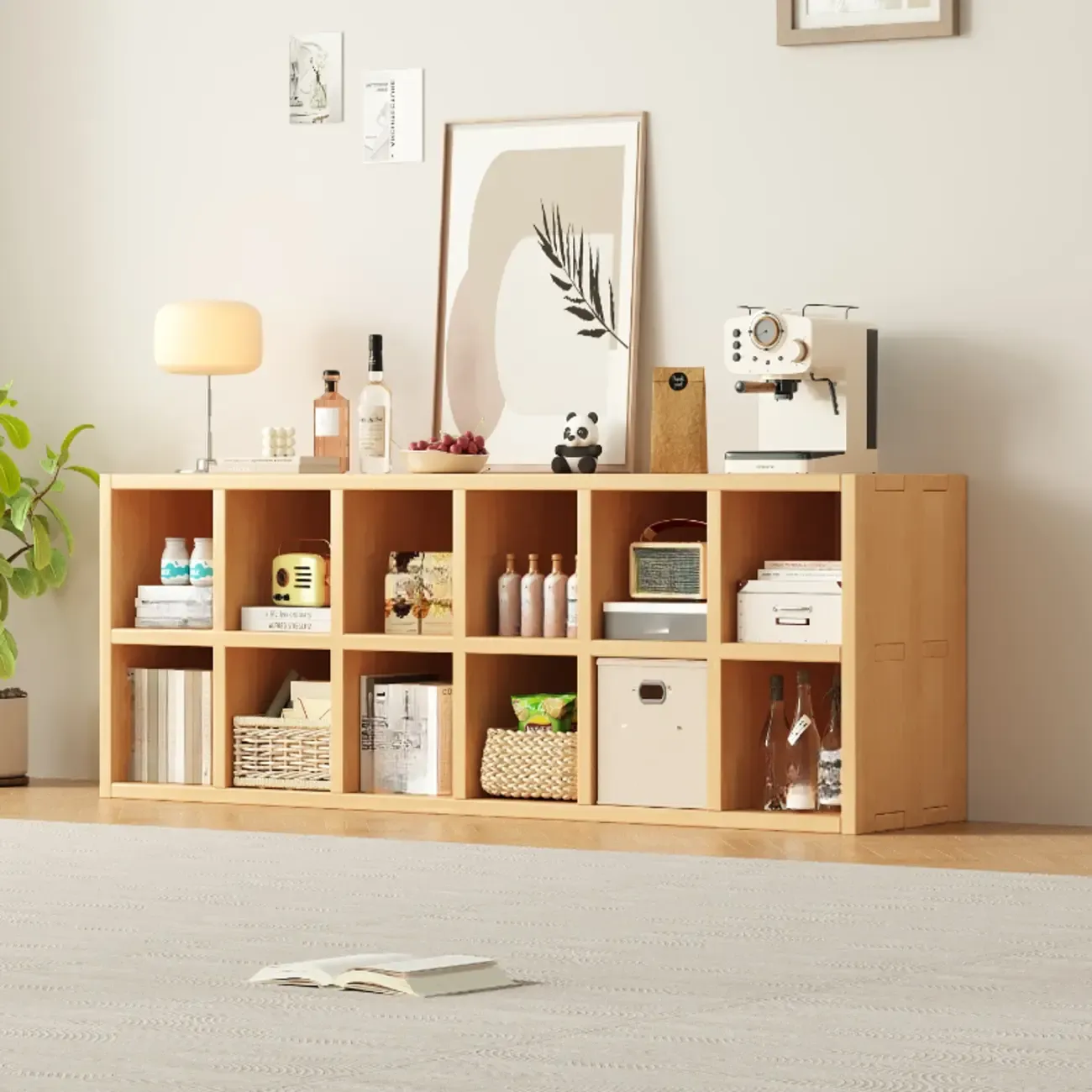 Horizontal Natural Solid Wood Open Cube Wide Bookcase Image - 1