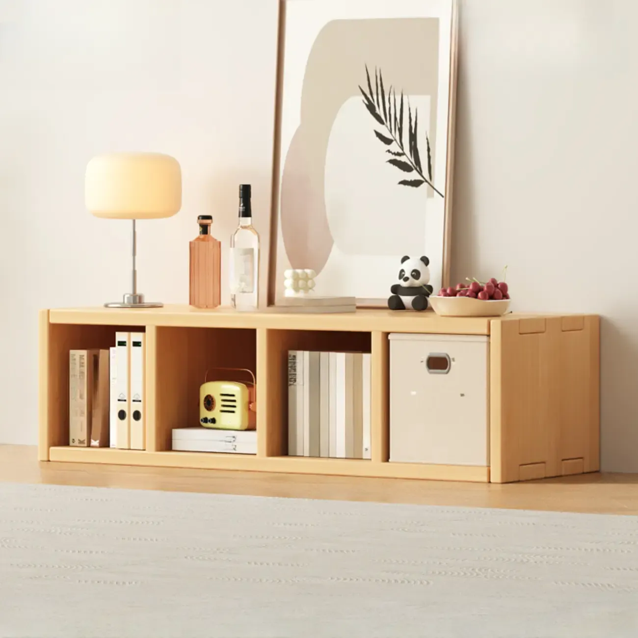 Horizontal Natural Solid Wood Open Cube Wide Bookcase Image - 2