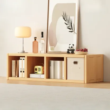 Horizontal Natural Solid Wood Open Cube Wide Bookcase Image - 2
