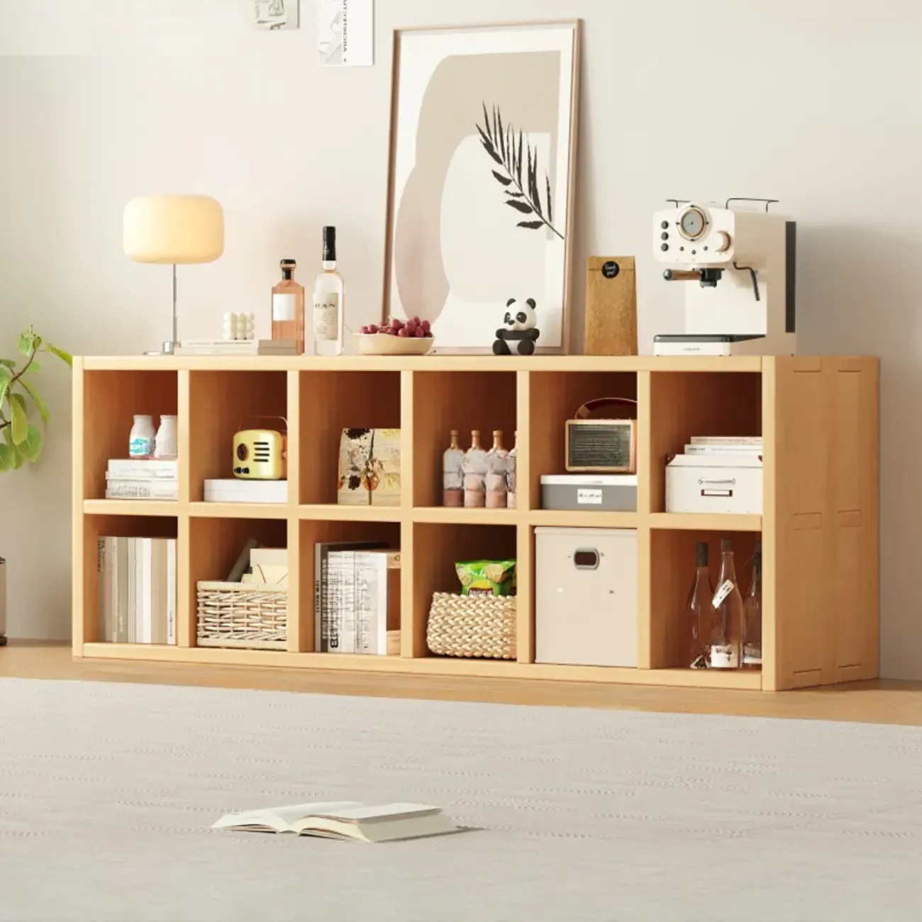 Horizontal Natural Solid Wood Open Cube Wide Bookcase Image - 3