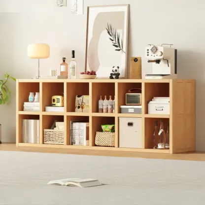 Horizontal Natural Solid Wood Open Cube Wide Bookcase Image - 3