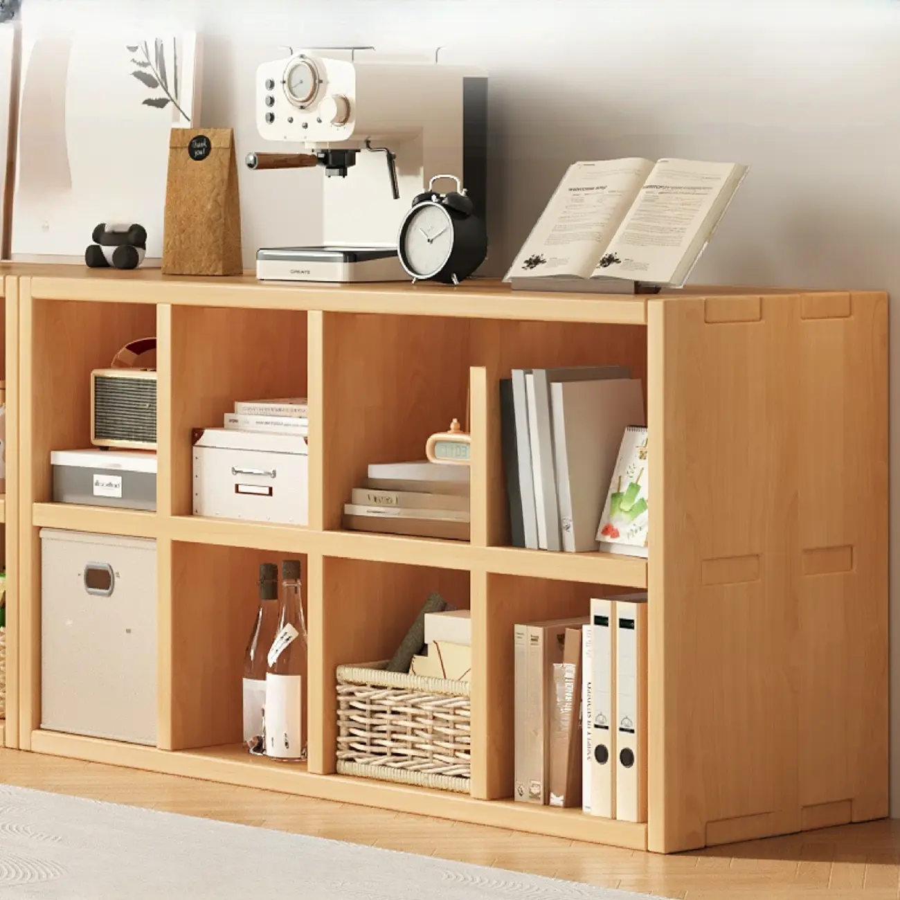 Horizontal Natural Solid Wood Open Cube Wide Bookcase Image - 5 | homeyfad