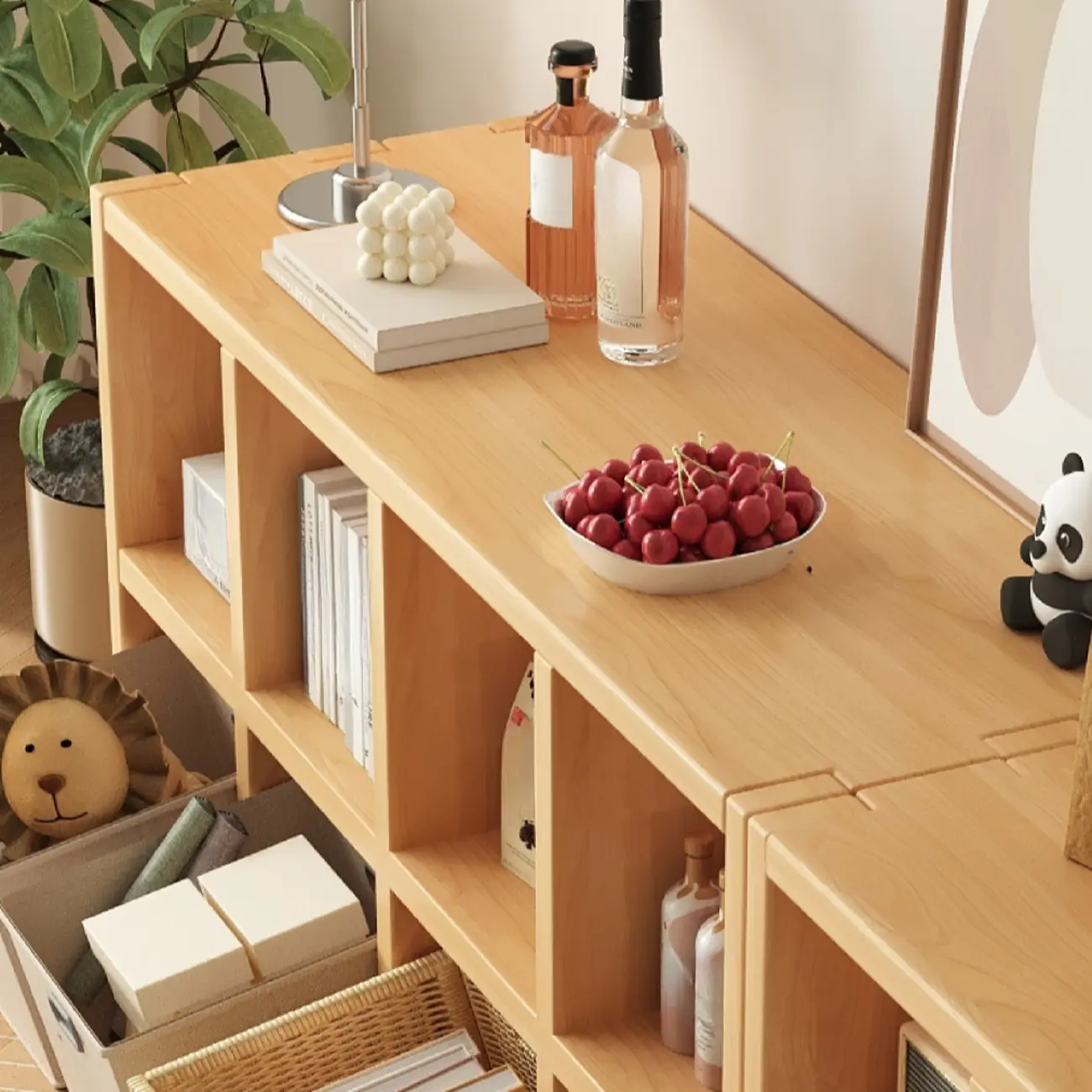 Horizontal Natural Solid Wood Open Cube Wide Bookcase Image - 7 | homeyfad