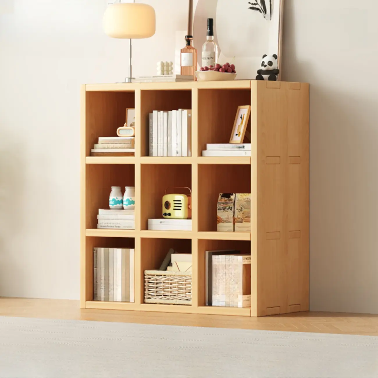 Horizontal Natural Solid Wood Open Cube Wide Bookcase Image - 8 | homeyfad
