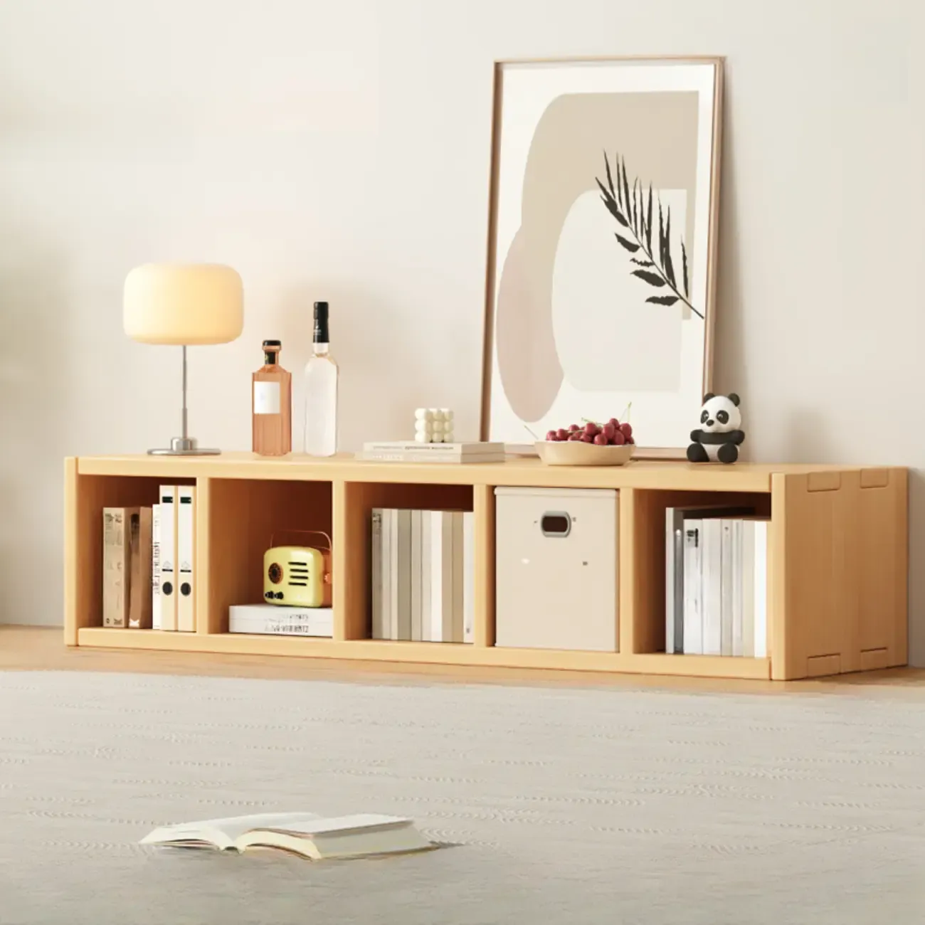 Horizontal Natural Solid Wood Open Cube Wide Bookcase Image - 10