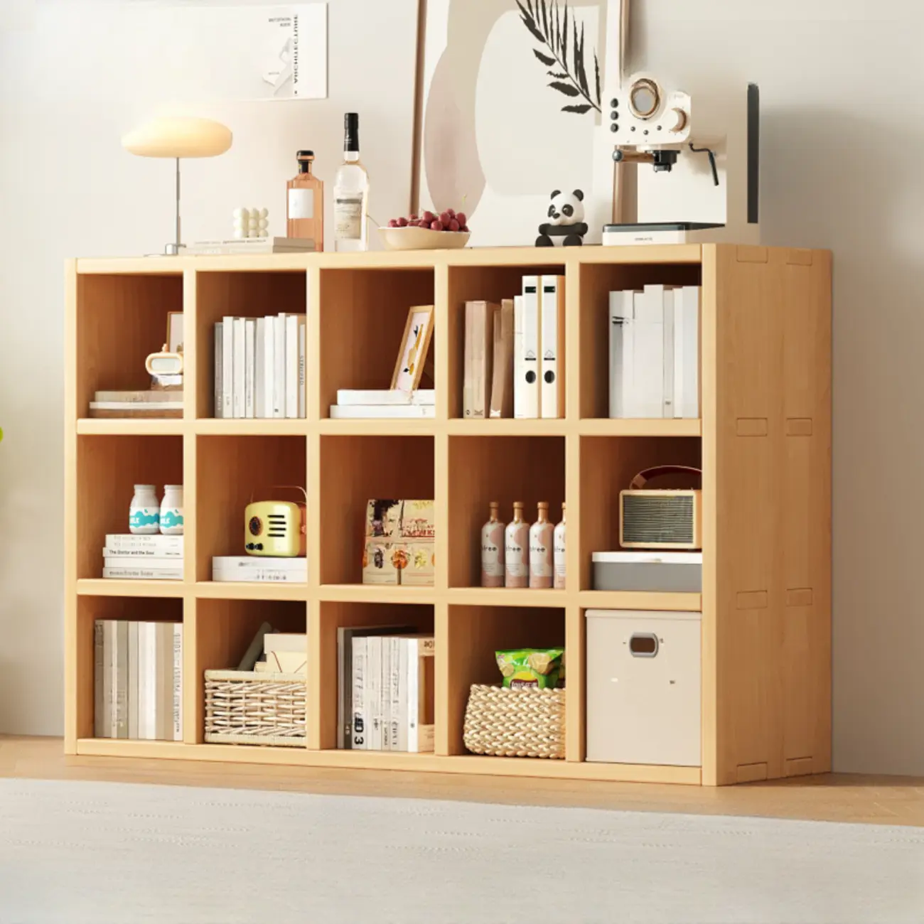Horizontal Natural Solid Wood Open Cube Wide Bookcase Image - 12 | homeyfad