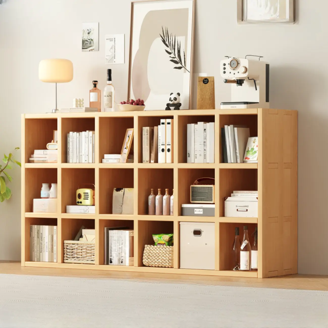 Horizontal Natural Solid Wood Open Cube Wide Bookcase Image - 13 | homeyfad