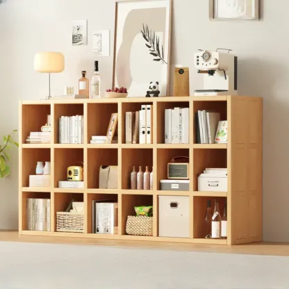 Horizontal Natural Solid Wood Open Cube Wide Bookcase Image - 13