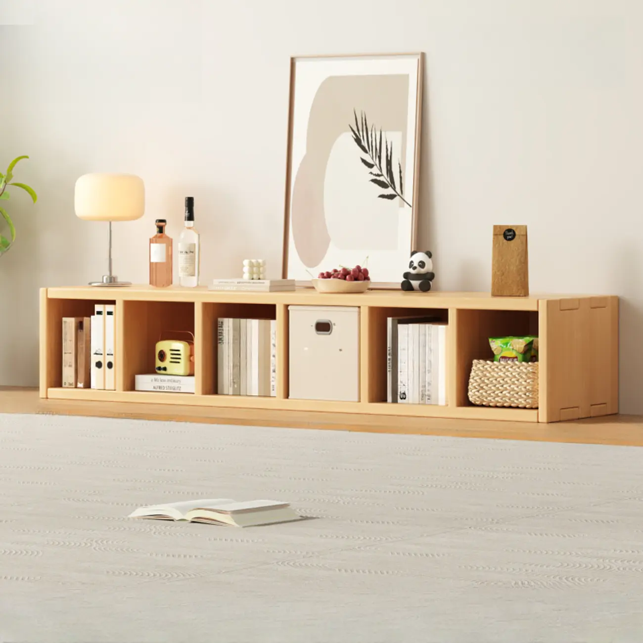 Horizontal Natural Solid Wood Open Cube Wide Bookcase Image - 14 | homeyfad
