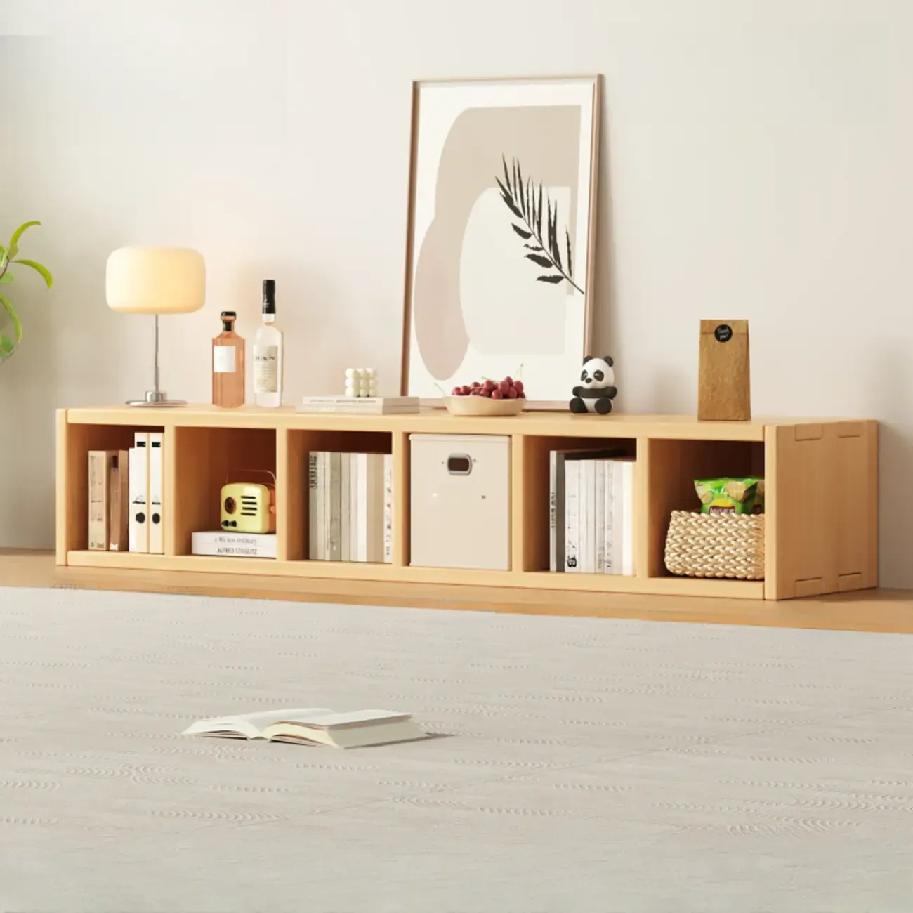 Horizontal Natural Solid Wood Open Cube Wide Bookcase Image - 14