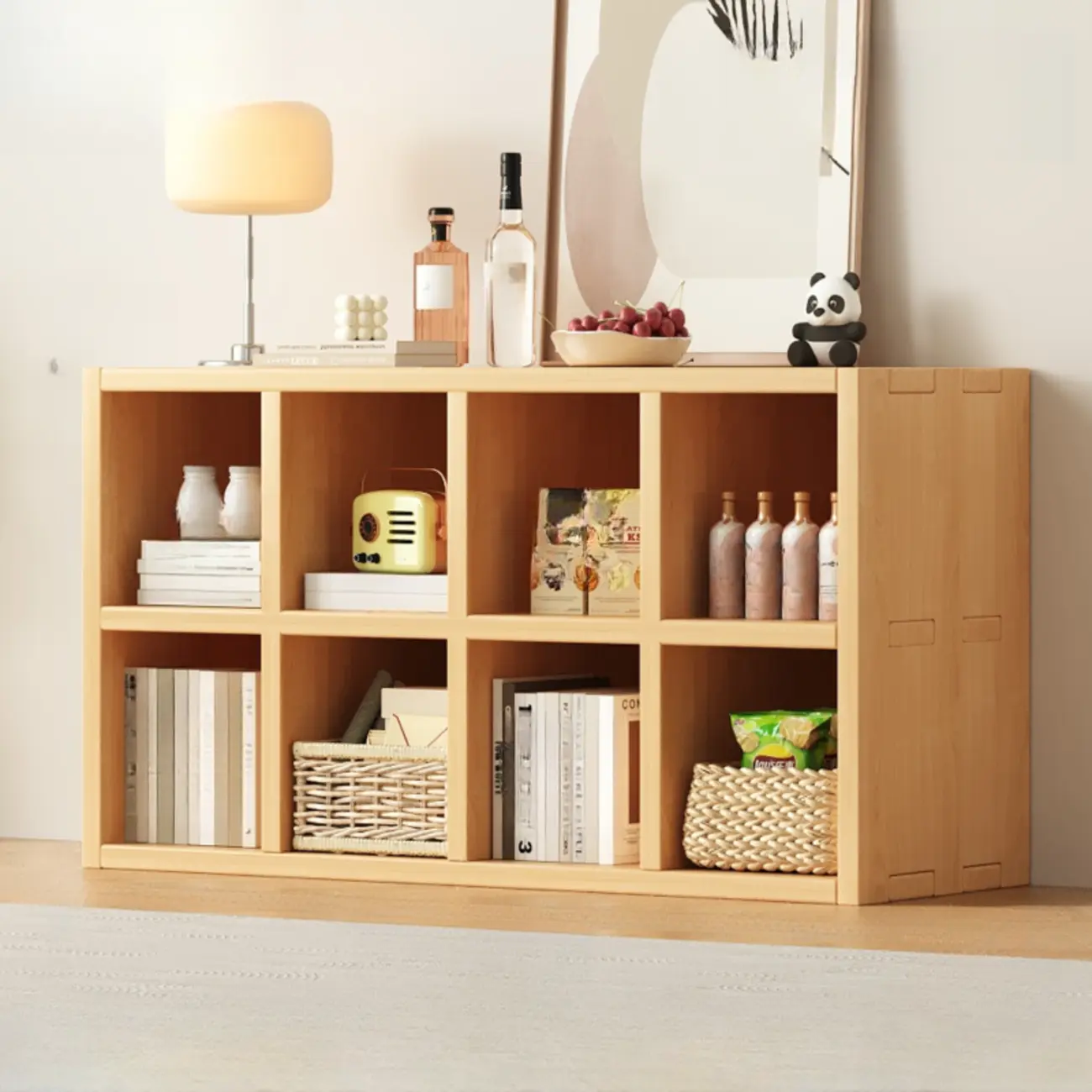 Horizontal Natural Solid Wood Open Cube Wide Bookcase Image - 18 | homeyfad