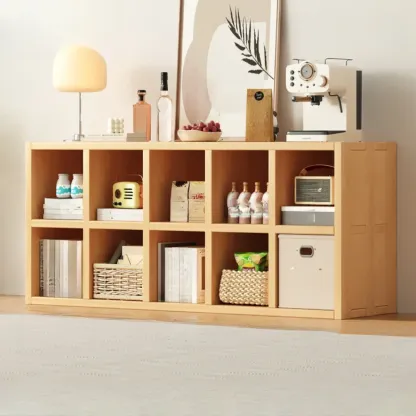 Horizontal Natural Solid Wood Open Cube Wide Bookcase Image - 19