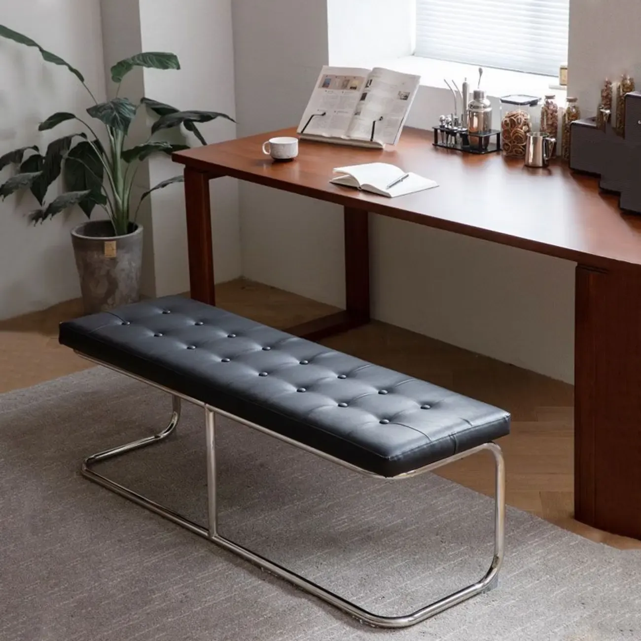 Modern Rectangular Cushioned Leather Bedroom Bench Image - 6