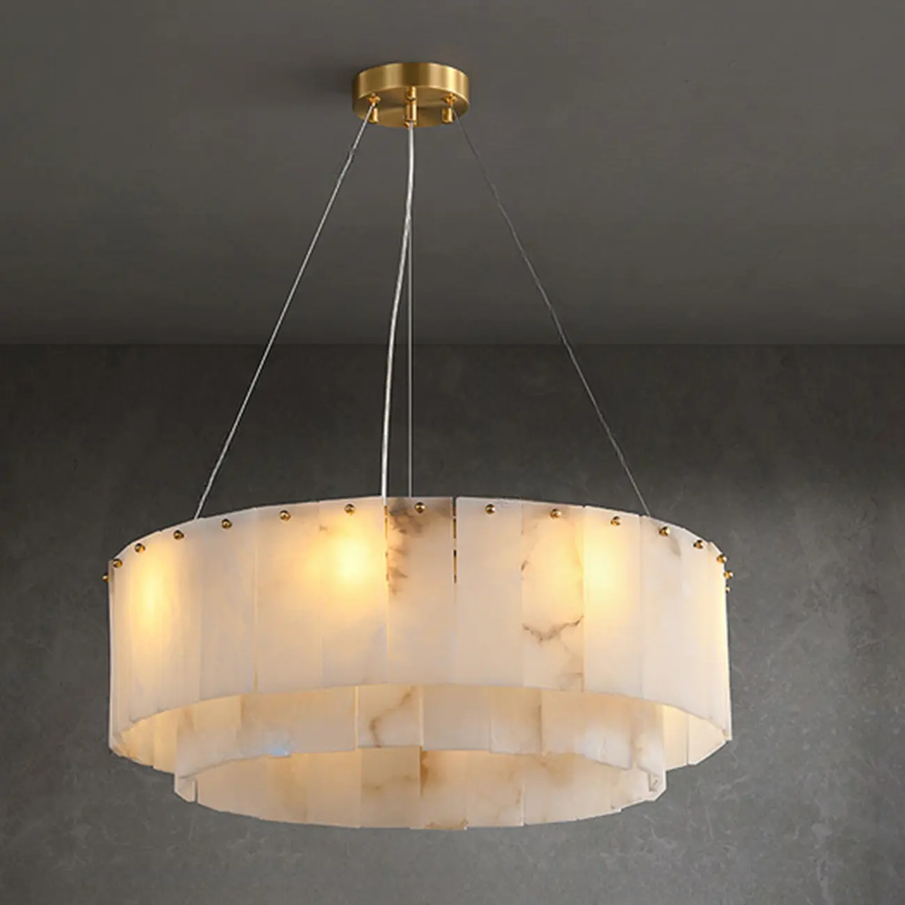 Vintage Gold Alabaster Drum Pendant Chandelier Image - 3 | homeyfad