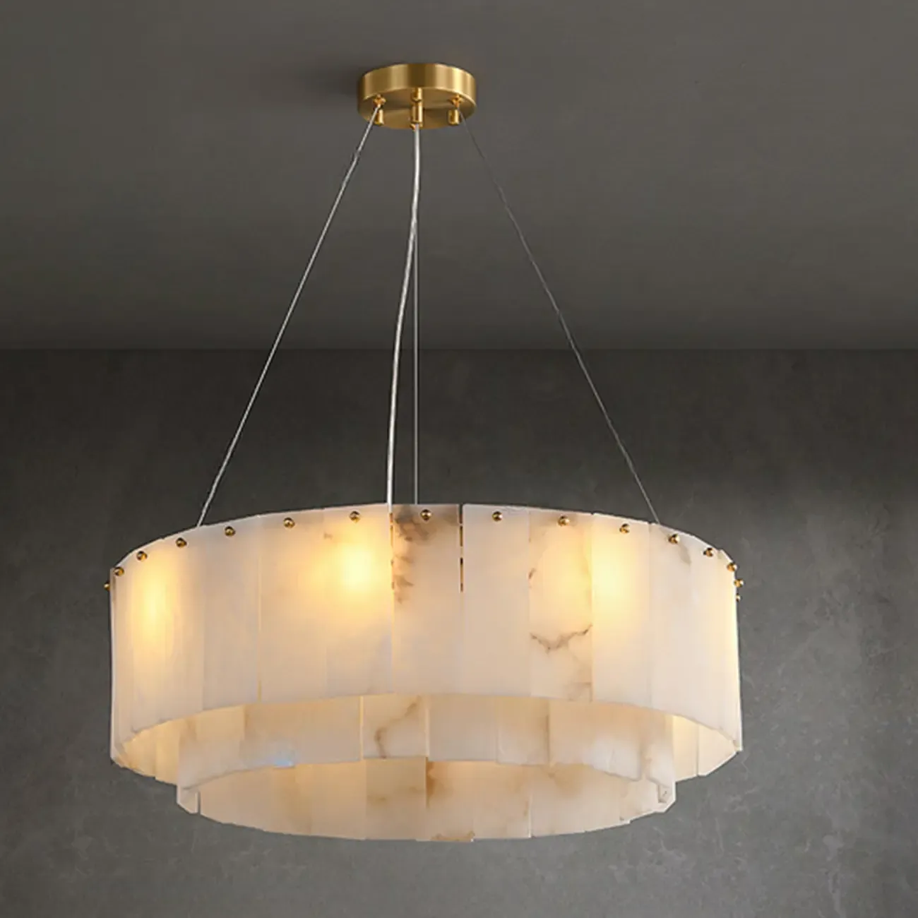 Vintage Gold Alabaster Drum Pendant Chandelier Image - 3