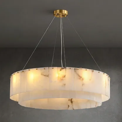 Vintage Gold Alabaster Drum Pendant Chandelier Image - 4