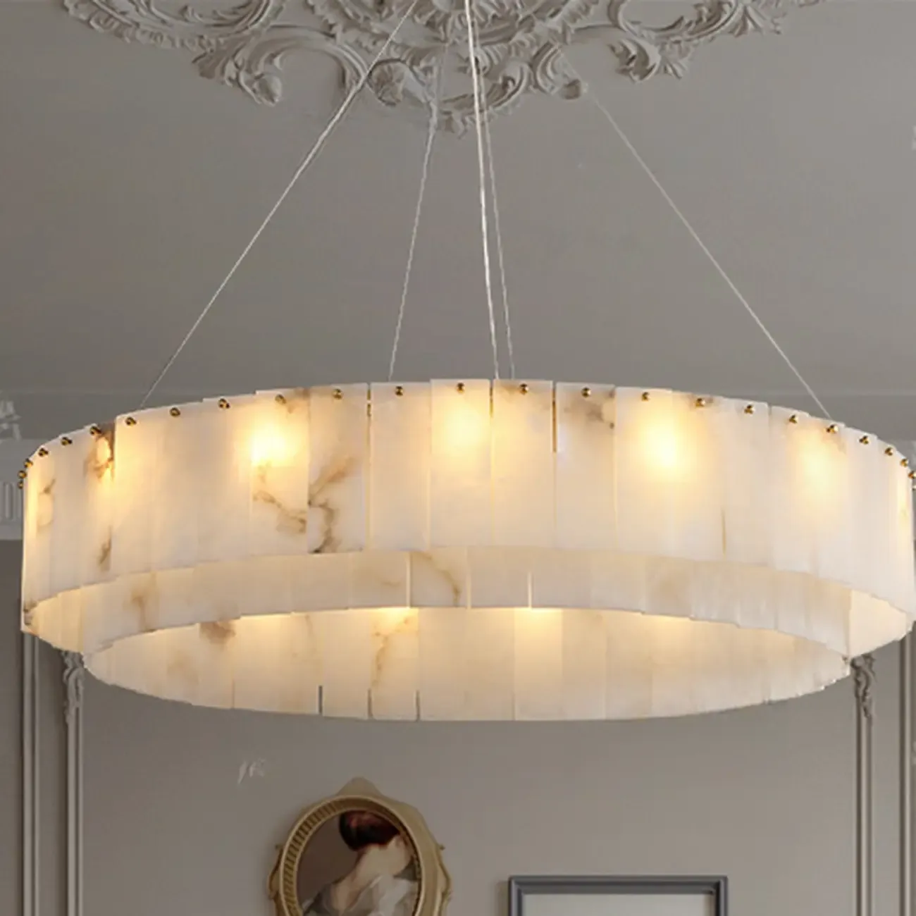 Vintage Gold Alabaster Drum Pendant Chandelier Image - 2