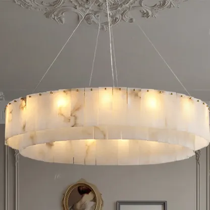 Vintage Gold Alabaster Drum Pendant Chandelier Image - 2