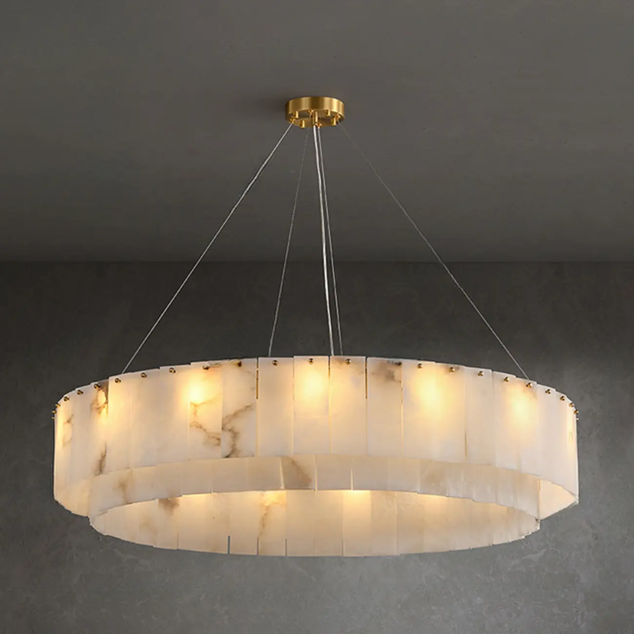 Vintage Gold Alabaster Drum Pendant Chandelier Image - 5 | homeyfad