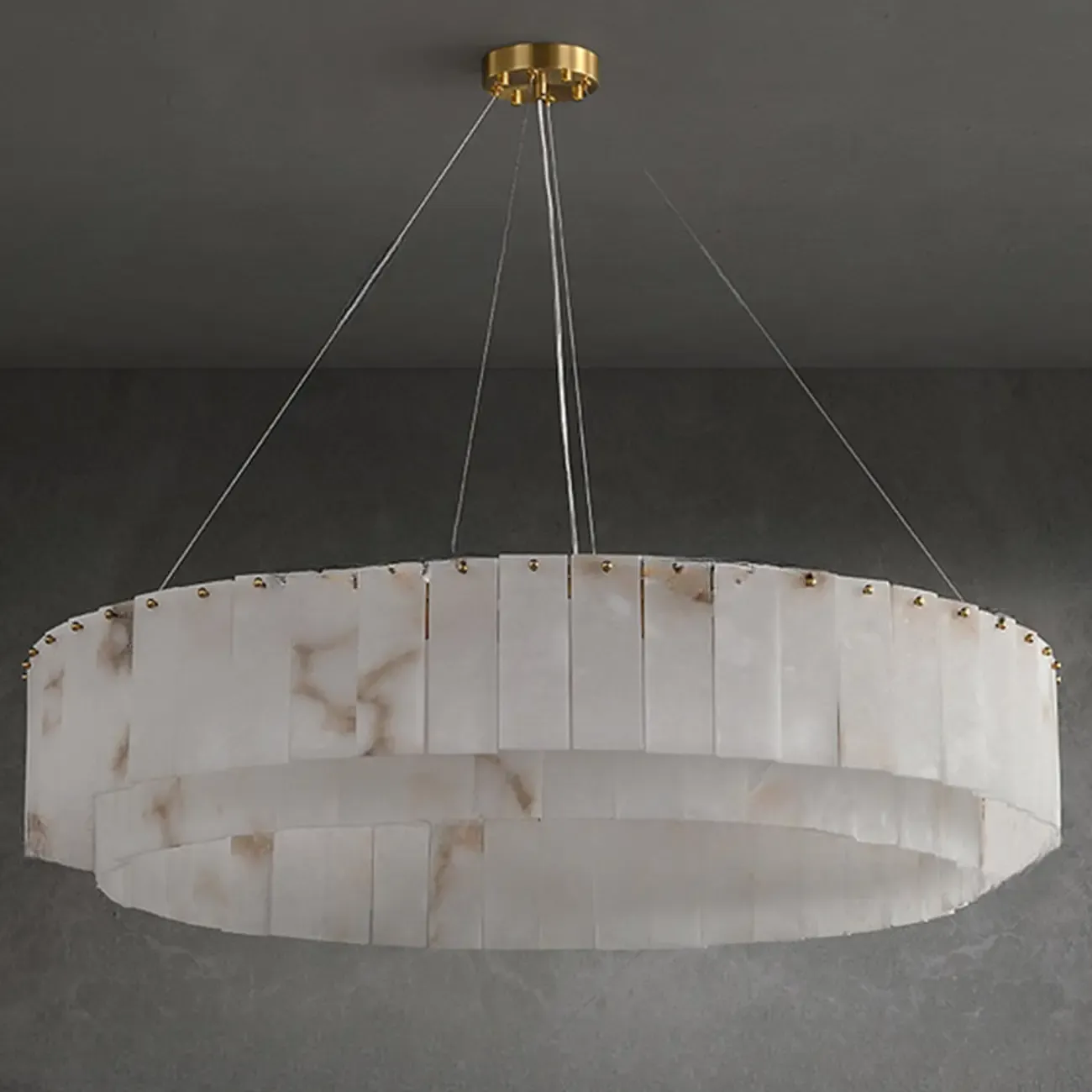 Vintage Gold Alabaster Drum Pendant Chandelier Image - 8