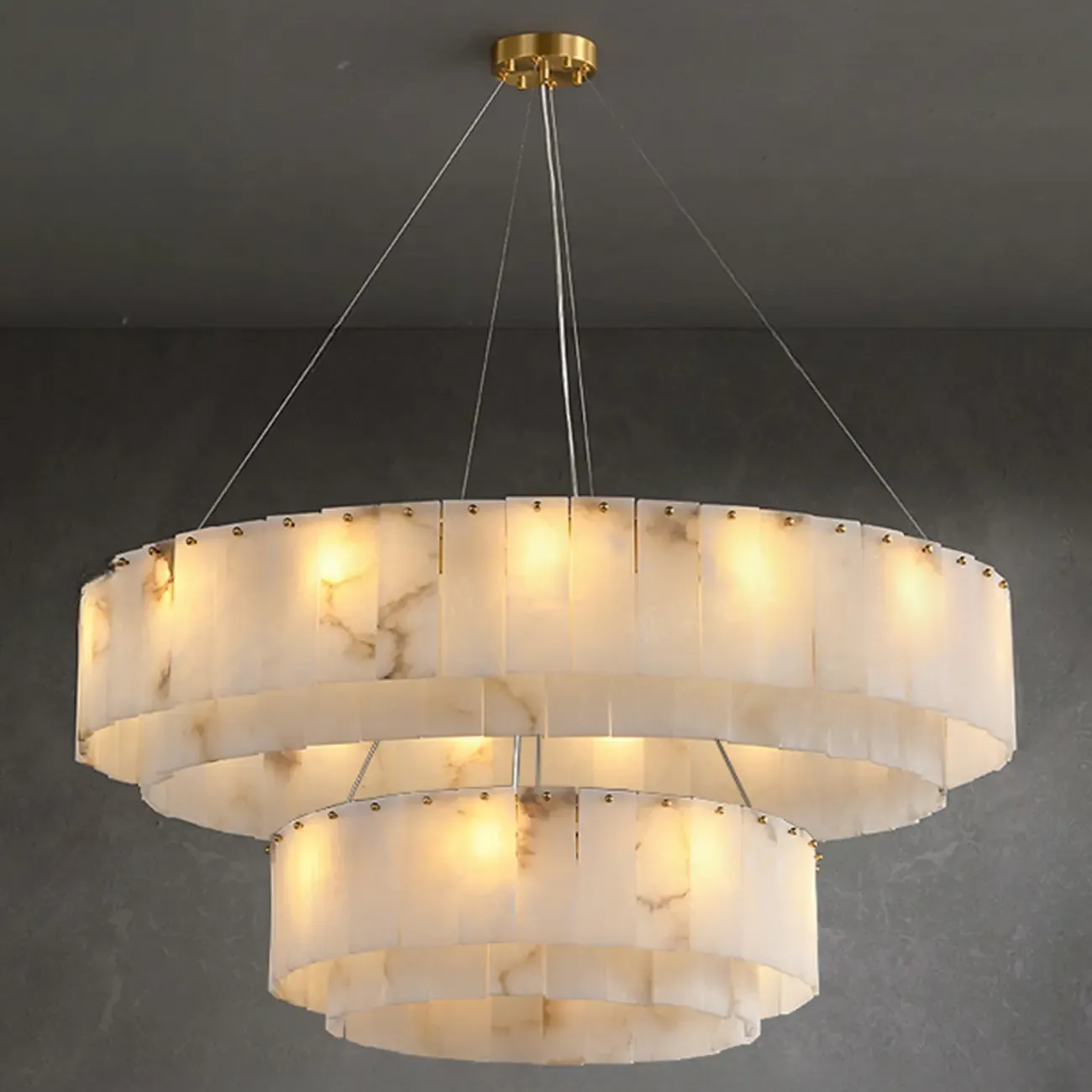 Vintage Gold Alabaster Drum Pendant Chandelier Image - 9