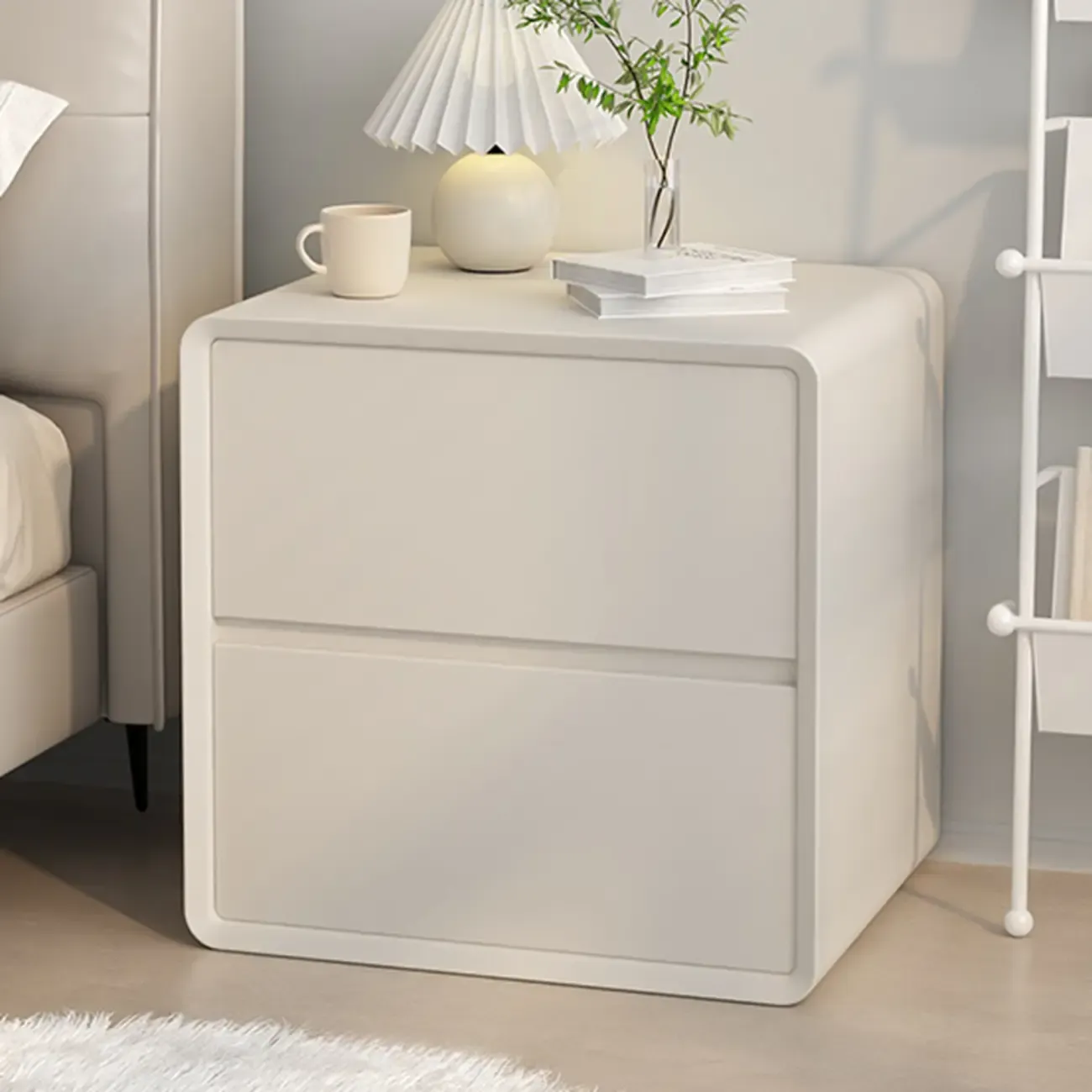 Modern Cream Bedside Table with Two Storage Drawers Image - 2