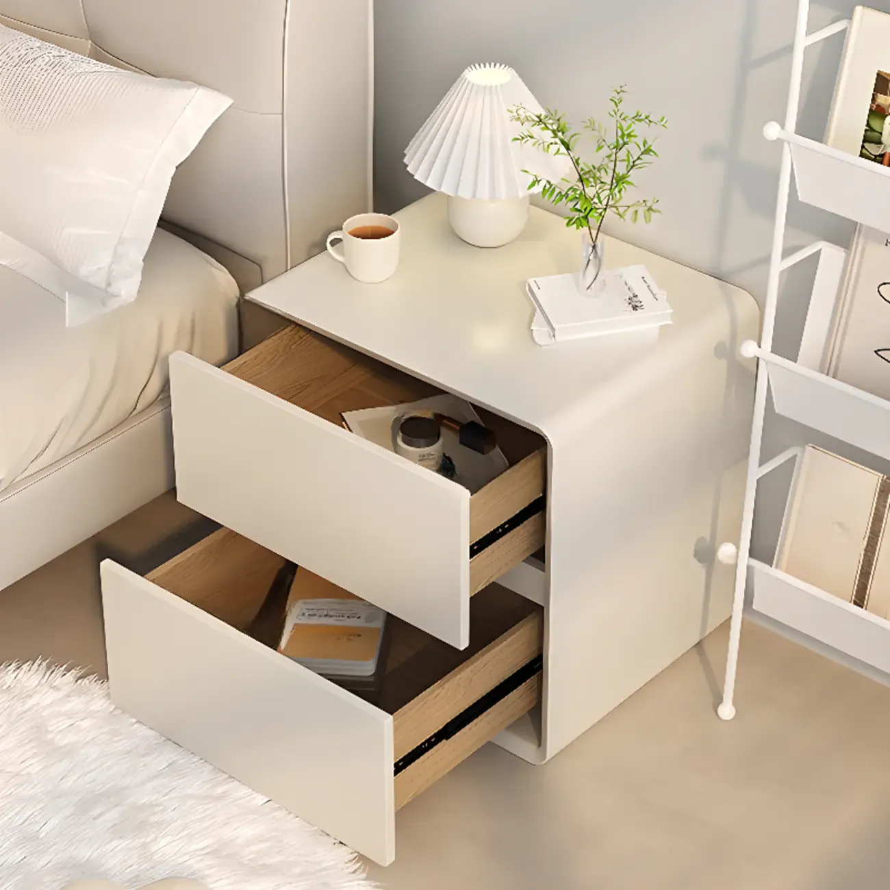 Modern Cream Bedside Table with Two Storage Drawers Image - 15