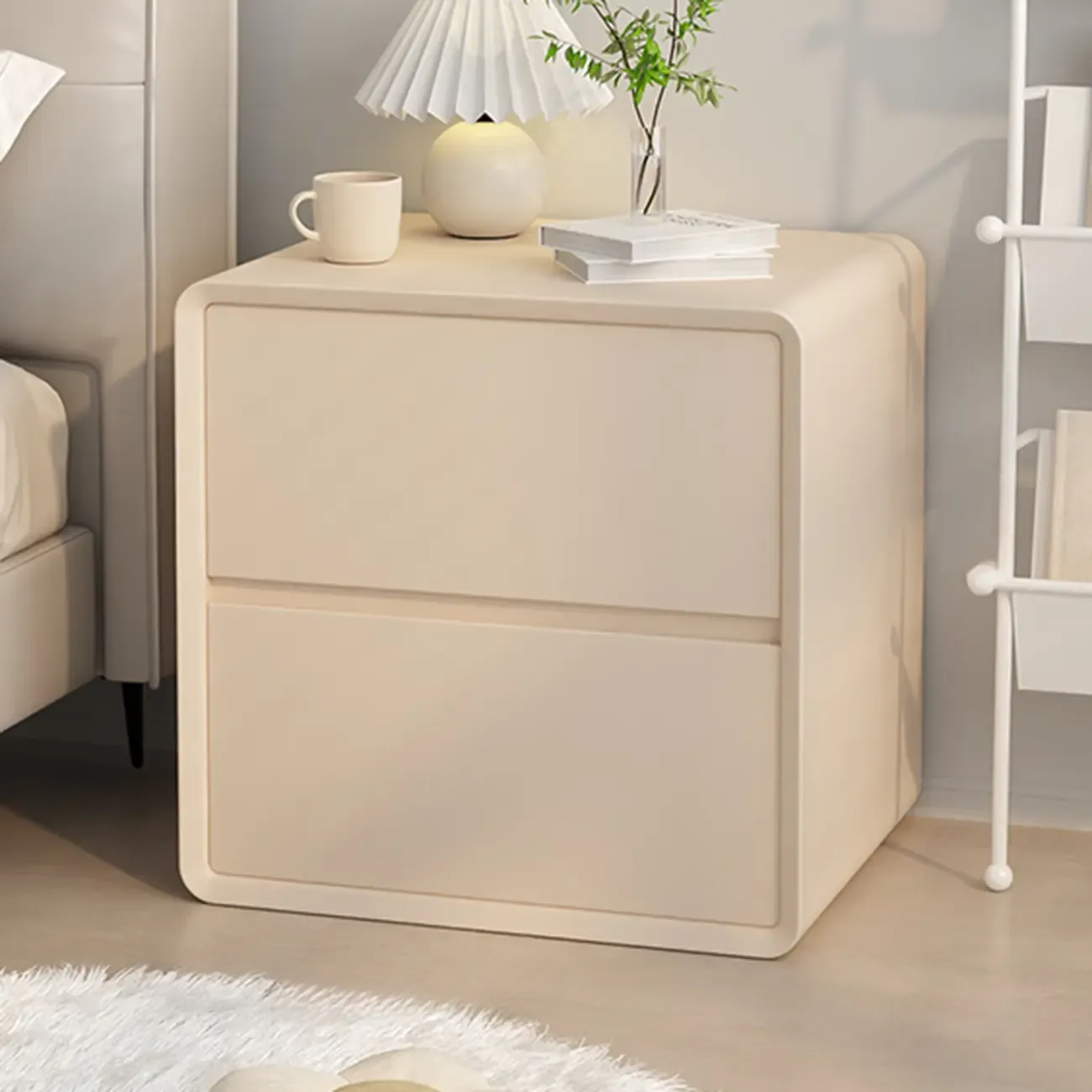 Modern Cream Bedside Table with Two Storage Drawers Image - 3