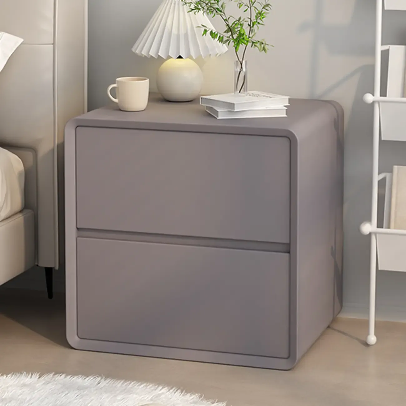 Modern Cream Bedside Table with Two Storage Drawers Image - 5